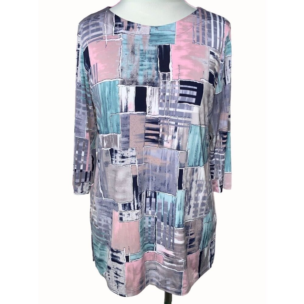 N Touch quarter sleeve pastel geometric pullover tunic top relaxed fit Small